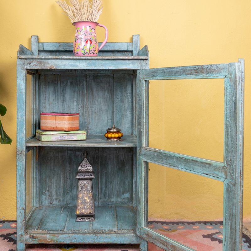 Distressed vintage blue wood & glass door cabinet