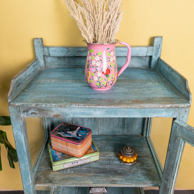 Distressed vintage blue wood & glass door cabinet