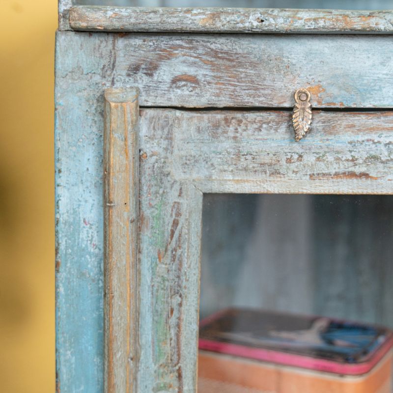 Distressed vintage blue wood & glass door cabinet