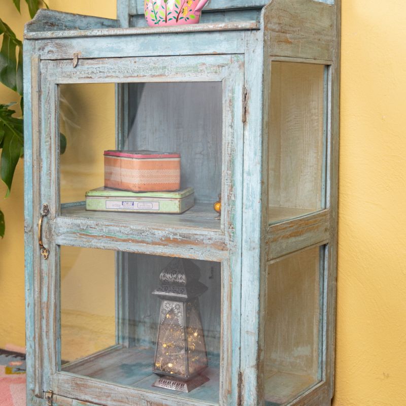 Distressed vintage blue wood & glass door cabinet