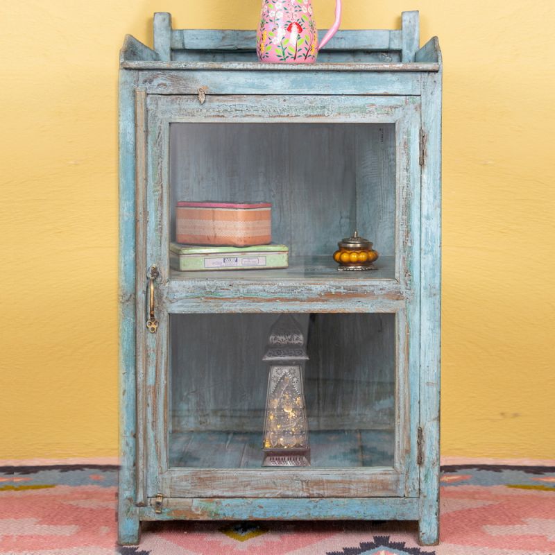 Distressed vintage blue wood & glass door cabinet