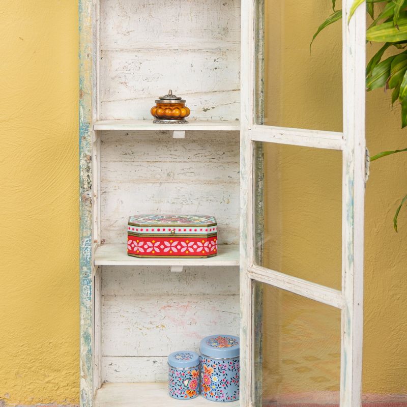 Distressed vintage blue green wood & single glass door, 2 shelf cabinet