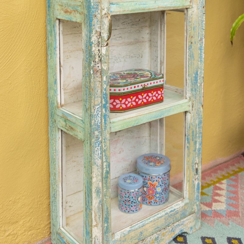 Distressed vintage blue green wood & single glass door, 2 shelf cabinet