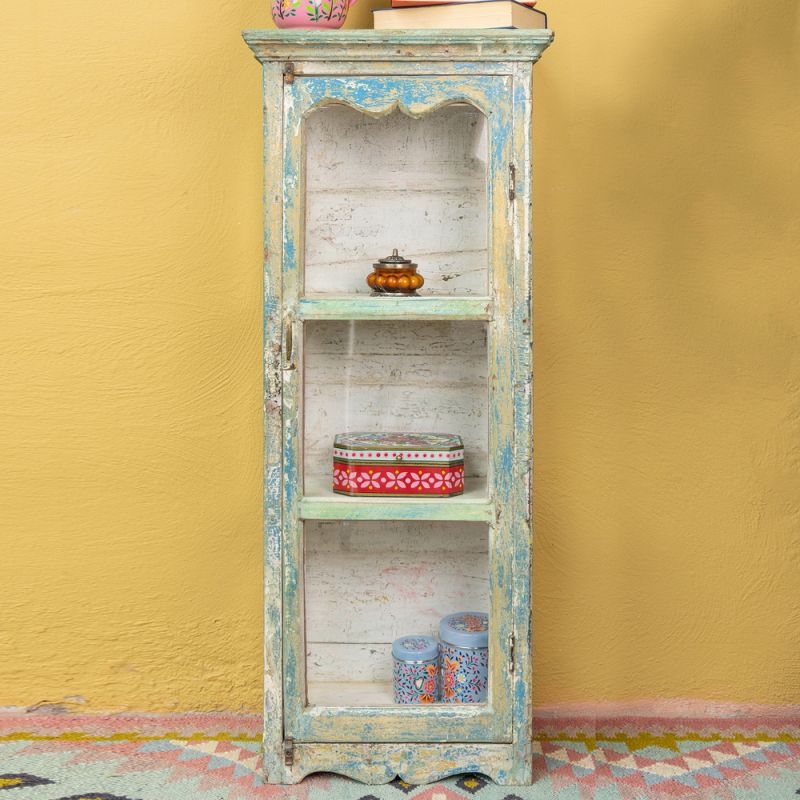 Distressed vintage blue green wood & single glass door, 2 shelf cabinet