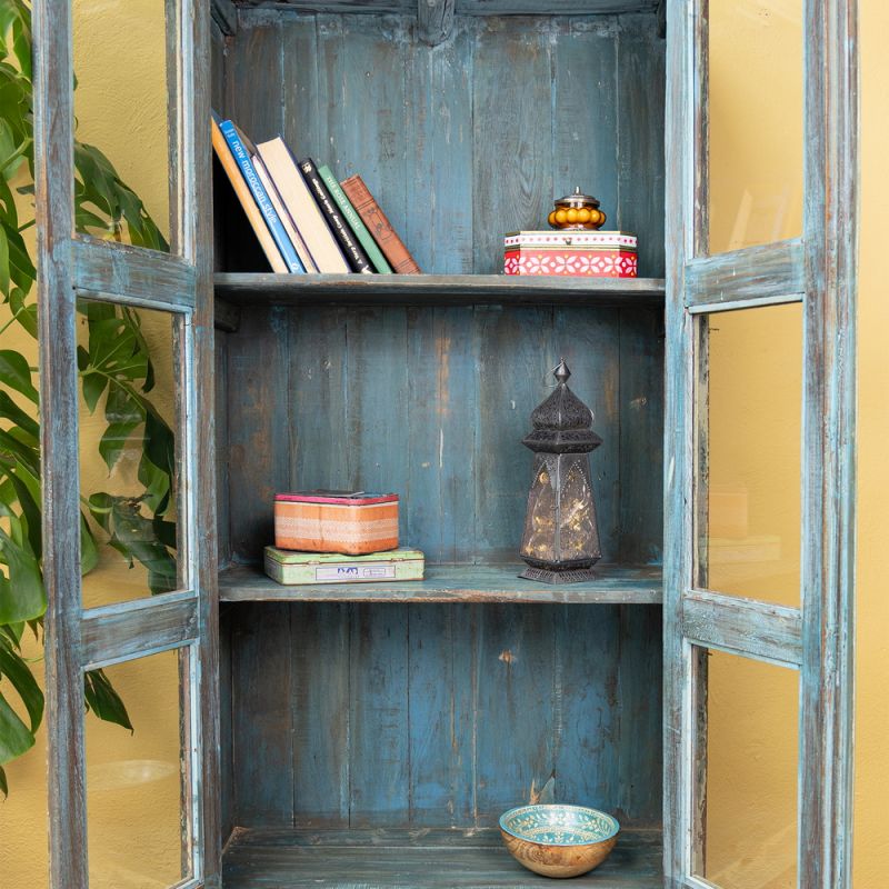 Glazed 2 door, 2 shelf distressed green vintage wood cabinet