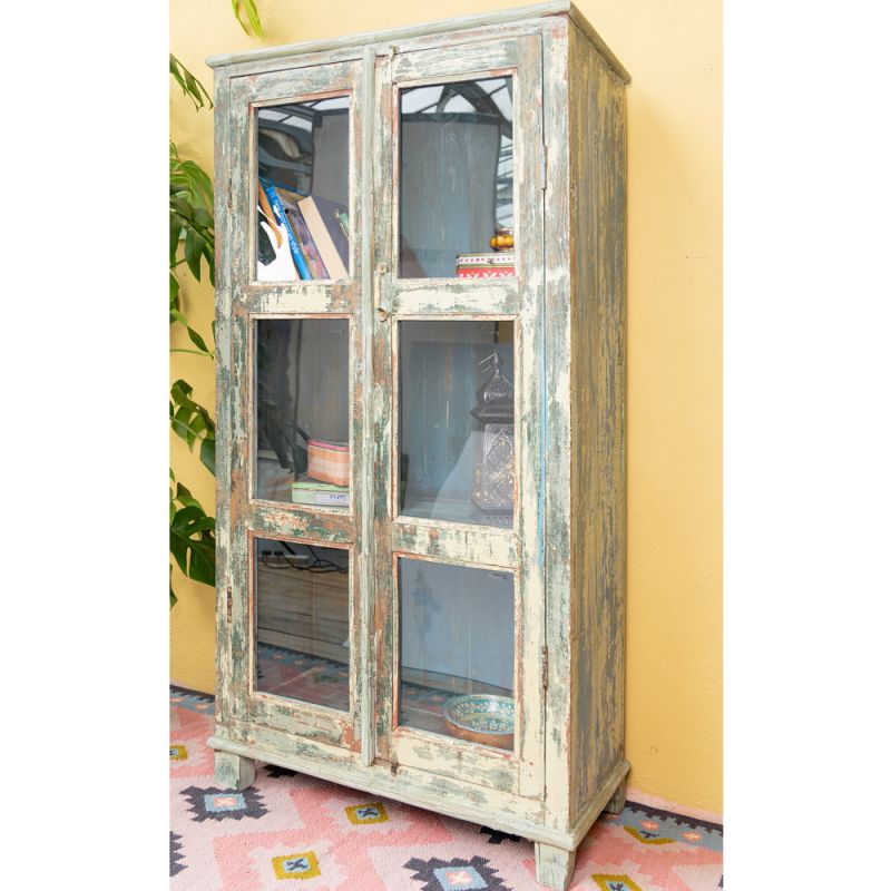 Glazed 2 door, 2 shelf distressed green vintage wood cabinet