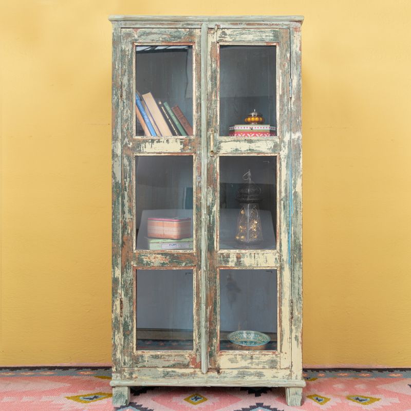 Glazed 2 door, 2 shelf distressed green vintage wood cabinet