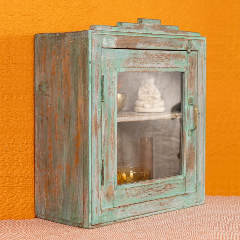 Glazed door, distressed green wooden wall cabinet