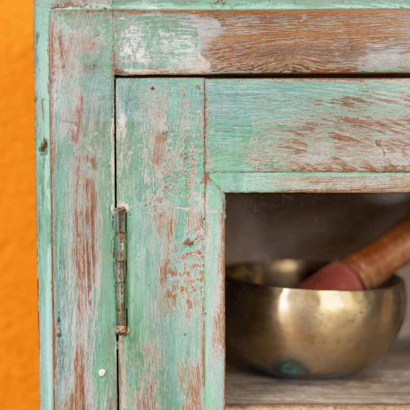 Glazed door, distressed green wooden wall cabinet