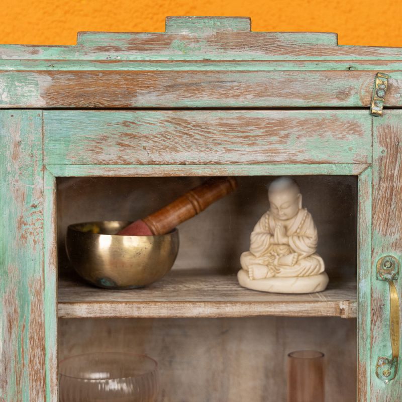 Glazed door, distressed green wooden wall cabinet