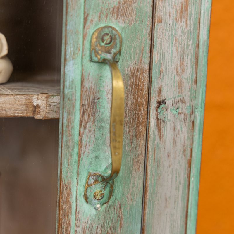 Glazed door, distressed green wooden wall cabinet