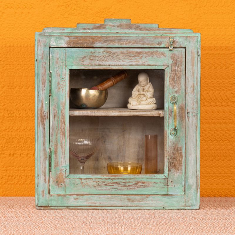 Glazed door, distressed green wooden wall cabinet