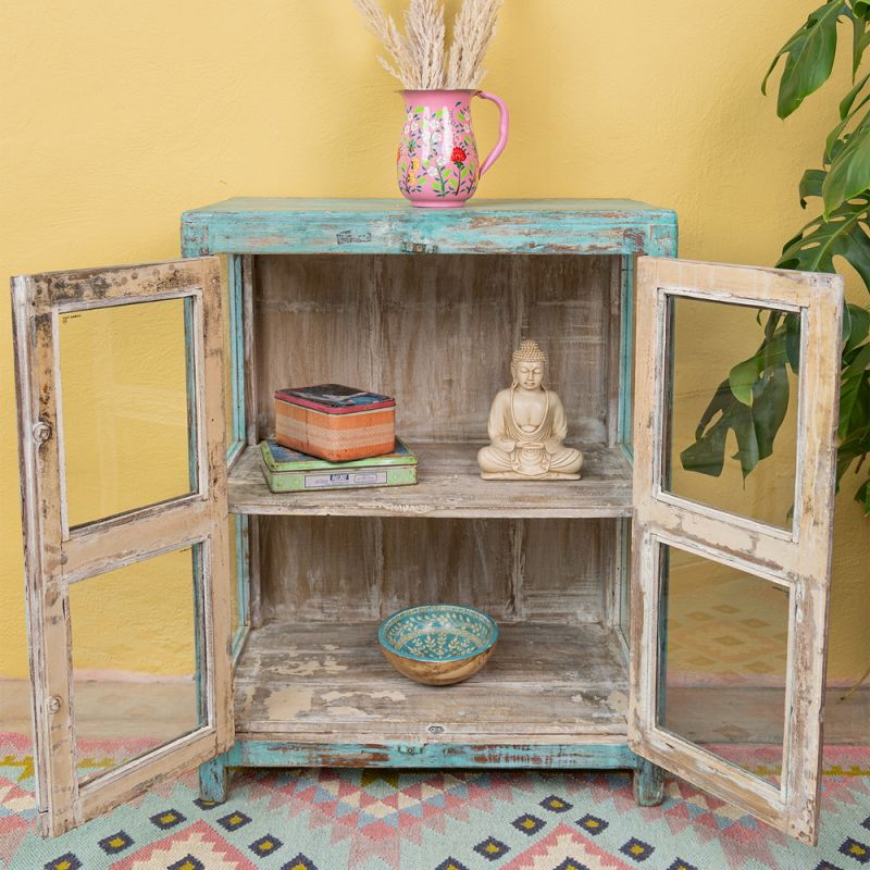 Distressed turquoise wood & 2 glass door, 1 shelf vintage cabinet