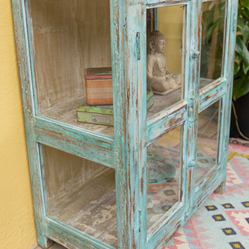 Distressed turquoise wood & 2 glass door, 1 shelf vintage cabinet