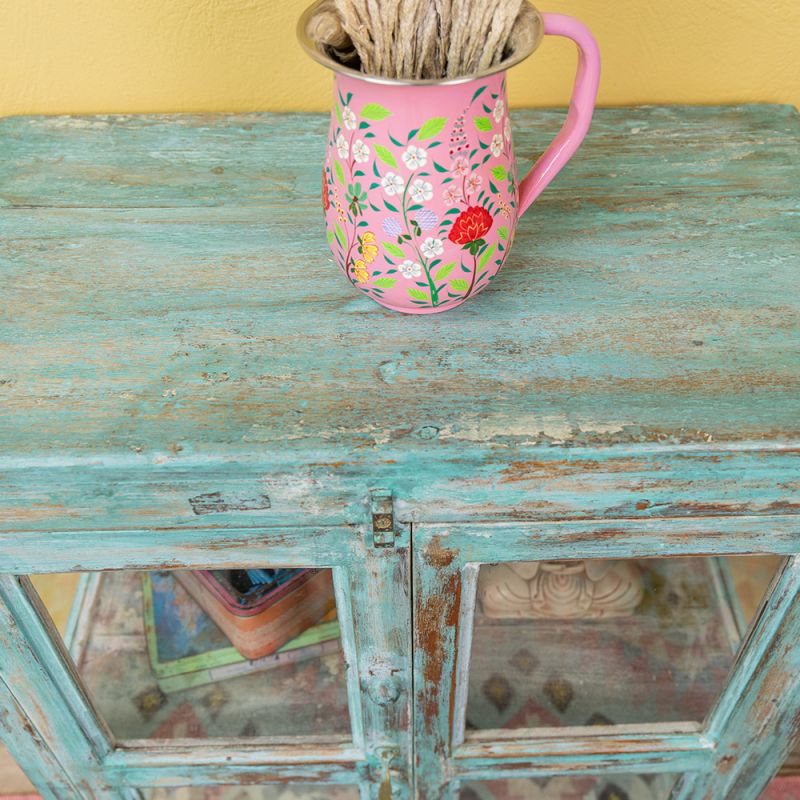 Distressed turquoise wood & 2 glass door, 1 shelf vintage cabinet