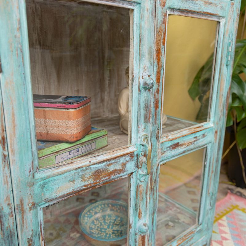 Distressed turquoise wood & 2 glass door, 1 shelf vintage cabinet