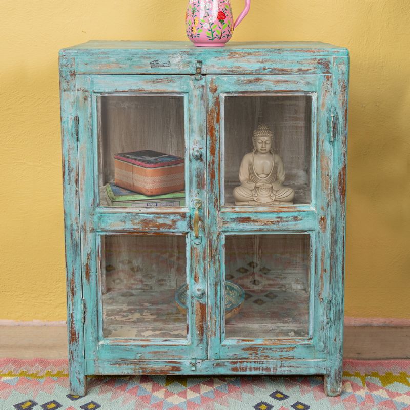 Distressed turquoise wood & 2 glass door, 1 shelf vintage cabinet