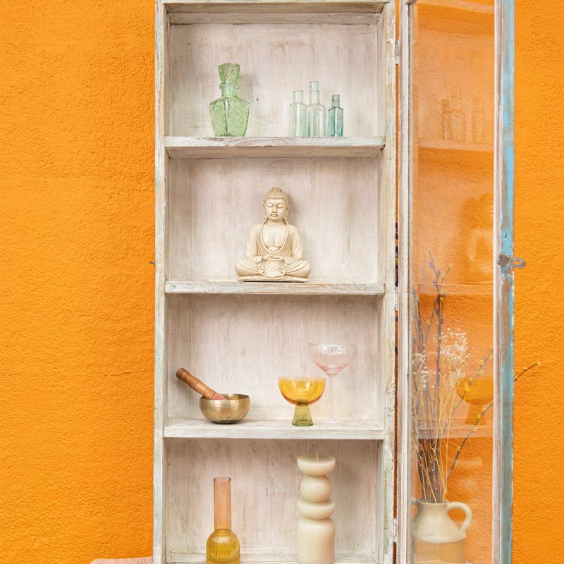 Blue wood & glazed door, 3 shelf vintage cabinet