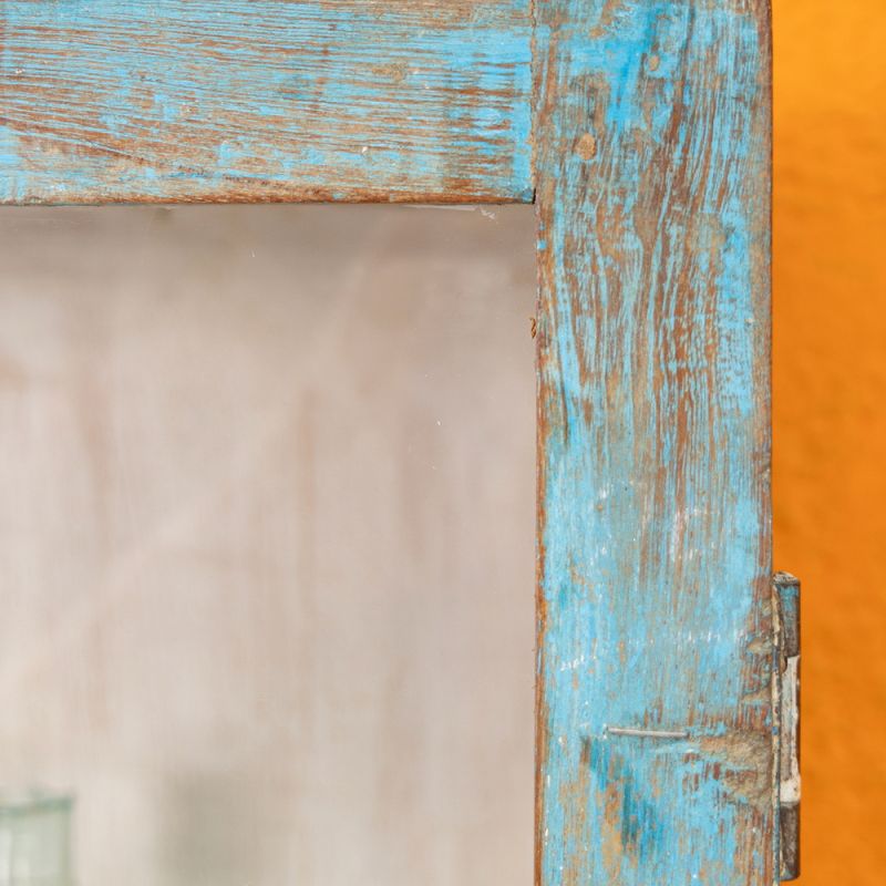 Blue wood & glazed door, 3 shelf vintage cabinet