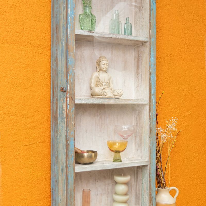 Blue wood & glazed door, 3 shelf vintage cabinet