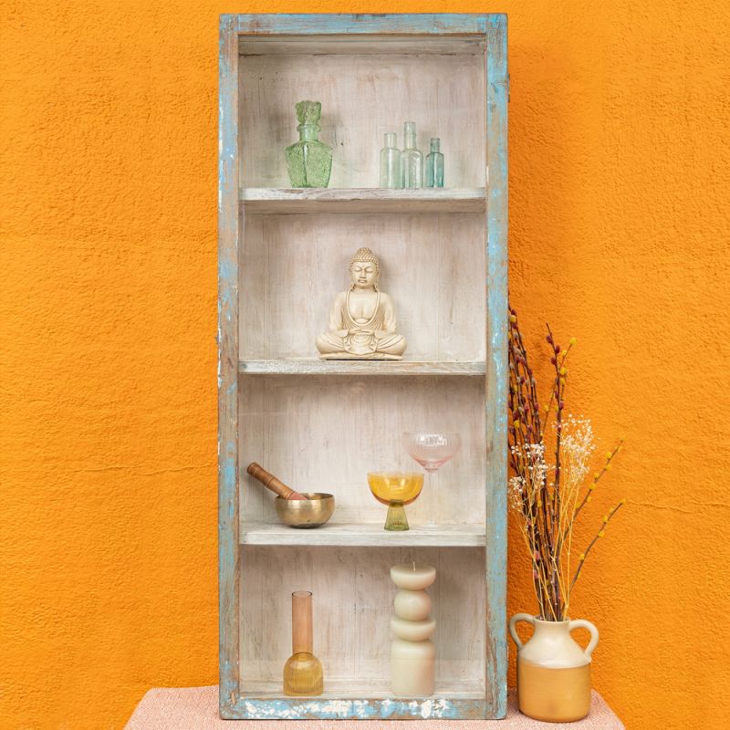 Blue wood & glazed door, 3 shelf vintage cabinet