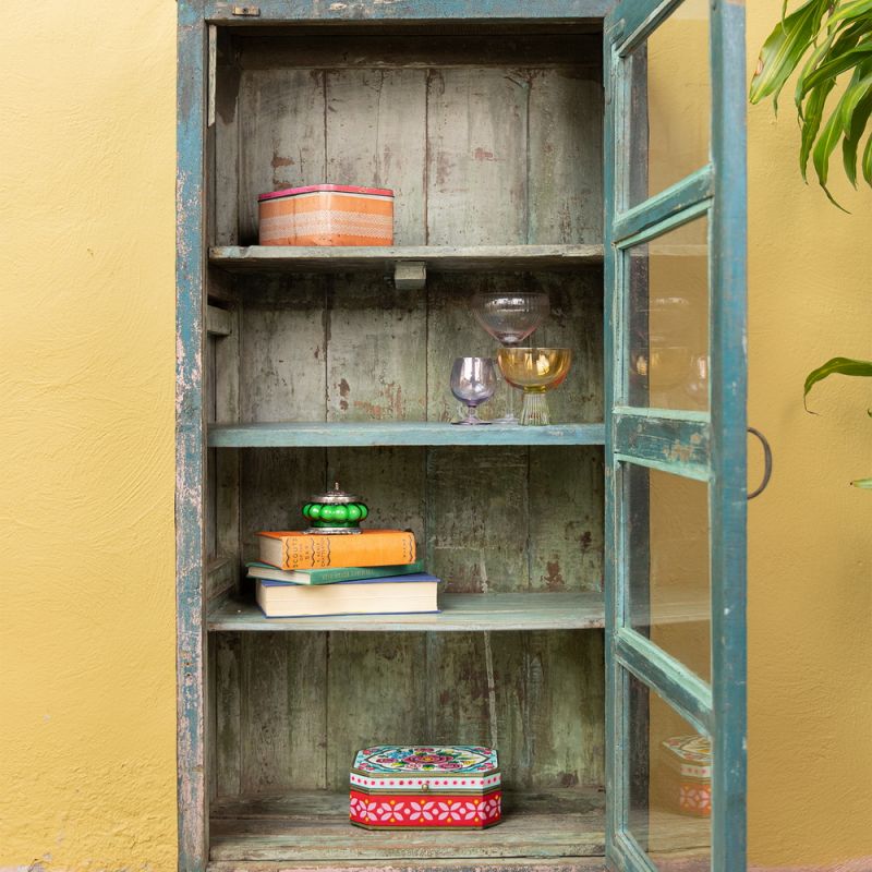 Distressed vintage teal wood & glass door, 3 shelf cabinet