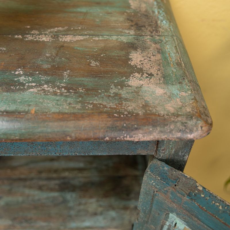 Distressed vintage teal wood & glass door, 3 shelf cabinet