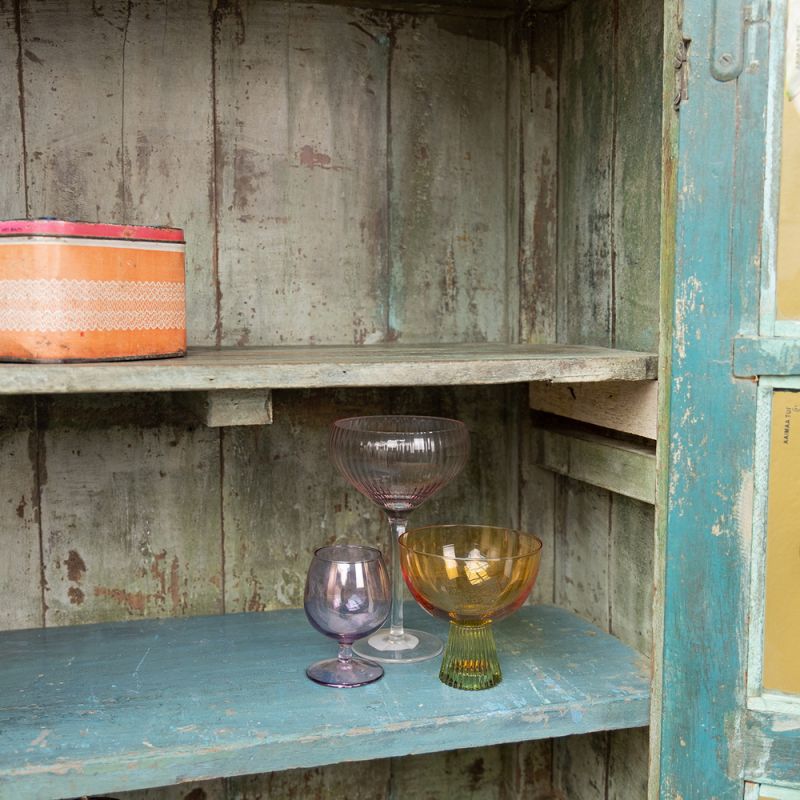 Distressed vintage teal wood & glass door, 3 shelf cabinet