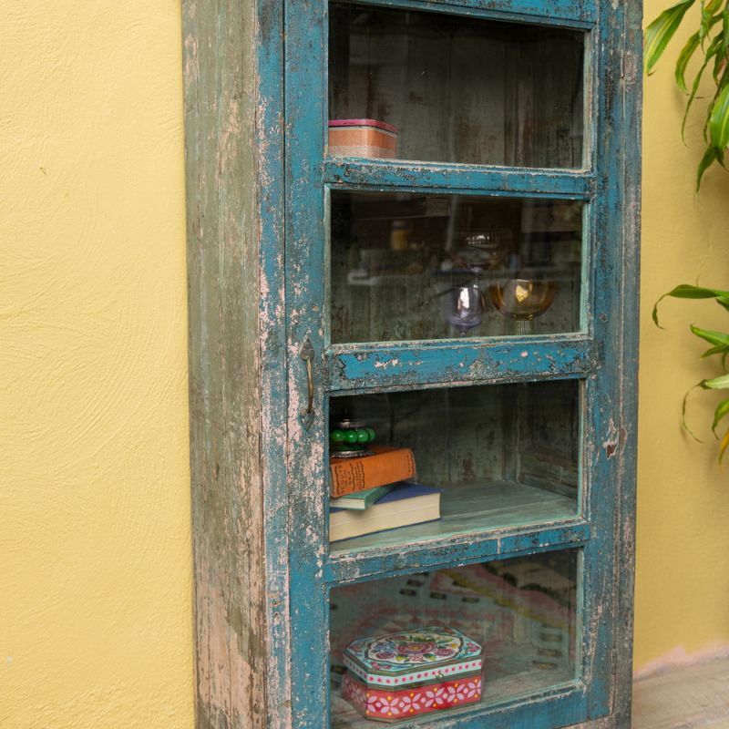 Distressed vintage teal wood & glass door, 3 shelf cabinet