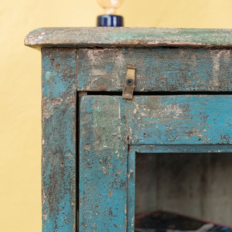 Distressed vintage teal wood & glass door, 3 shelf cabinet