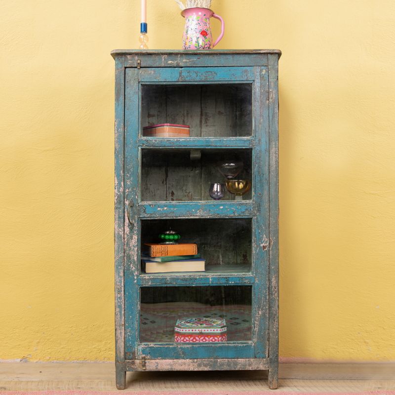 Distressed vintage teal wood & glass door, 3 shelf cabinet