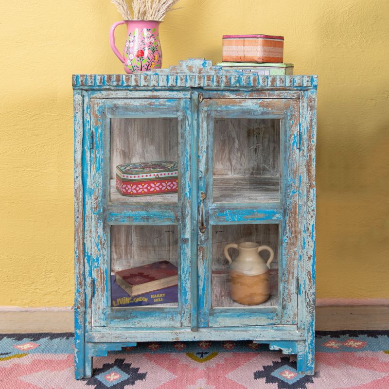 Distressed blue glazed 2 door cabinet