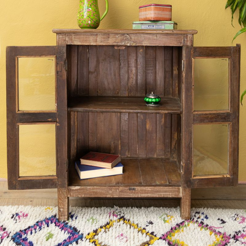 Distressed wood & glazed door cabinet with central shelf