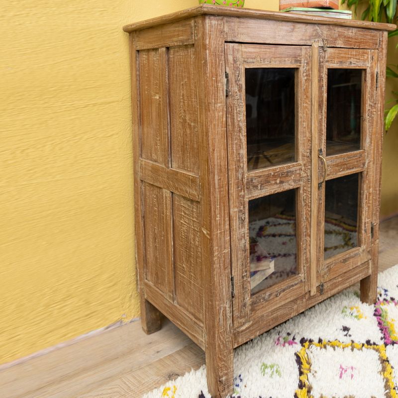 Distressed wood & glazed door cabinet with central shelf