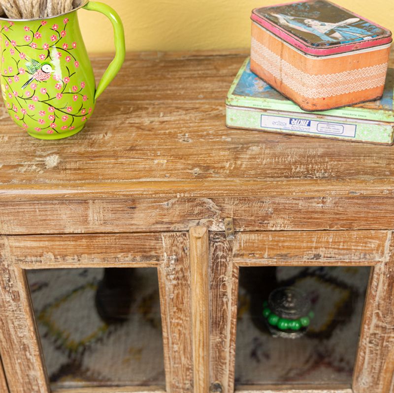 Distressed wood & glazed door cabinet with central shelf