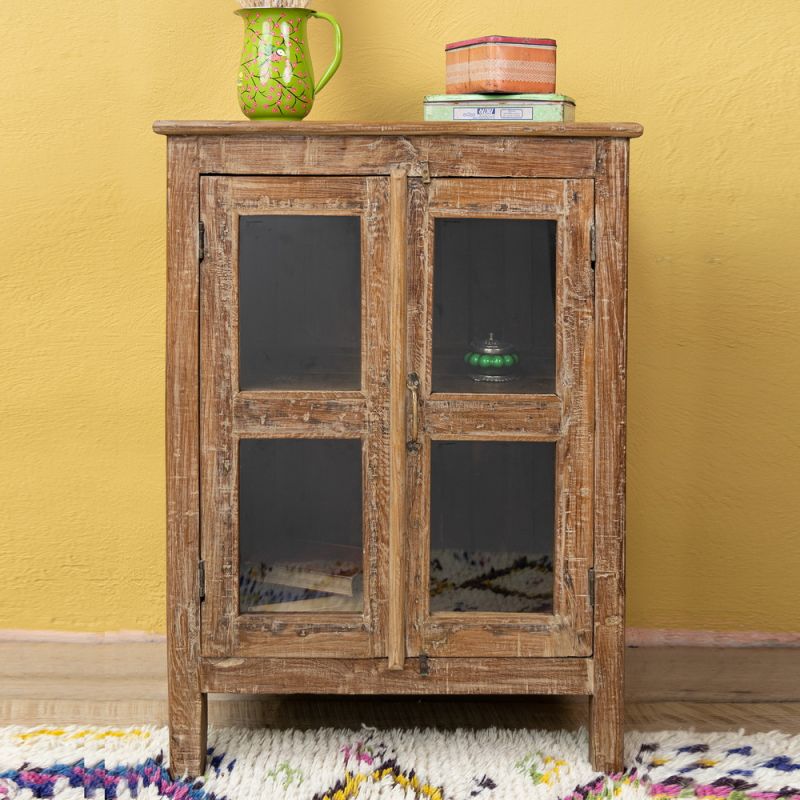 Distressed wood & glazed door cabinet with central shelf