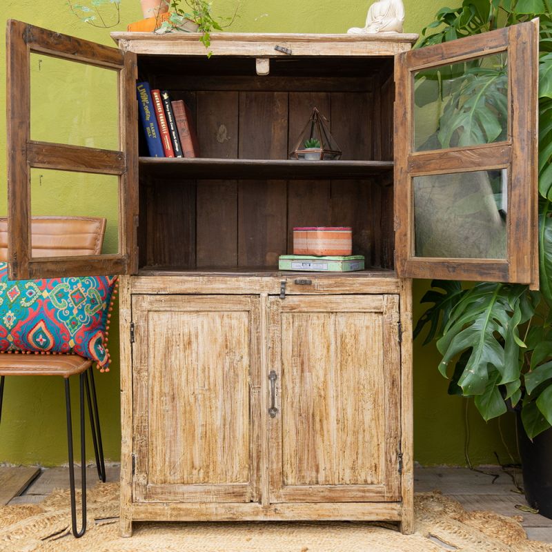 Vintage wood & glass 3 door, 1 shelf cabinet