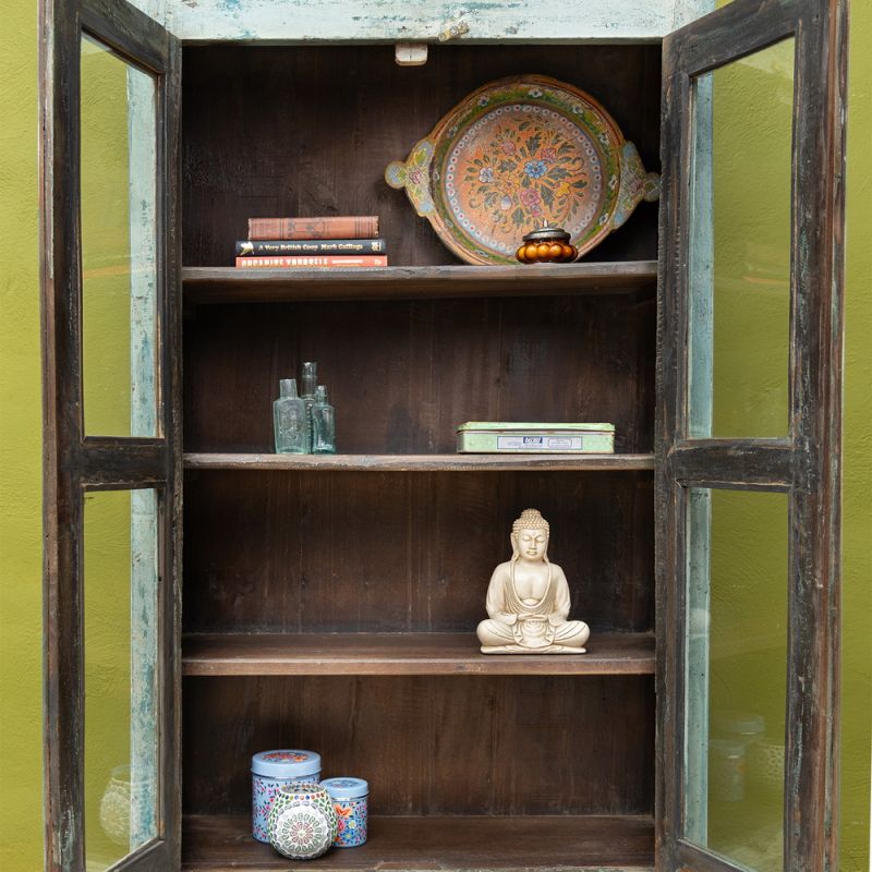 Green vintage wood & glass 2 door, 3 shelf cabinet with hand painted strip