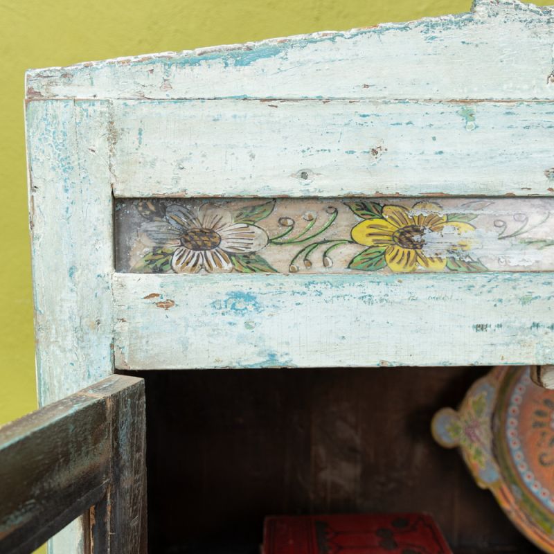 Green vintage wood & glass 2 door, 3 shelf cabinet with hand painted strip