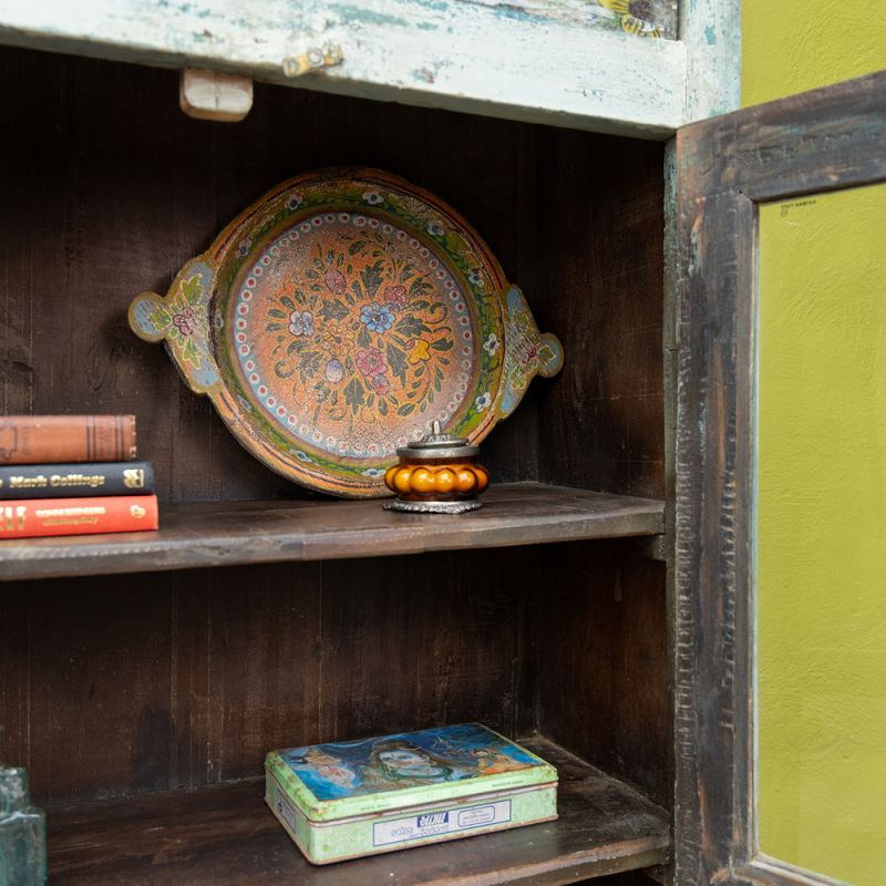 Green vintage wood & glass 2 door, 3 shelf cabinet with hand painted strip