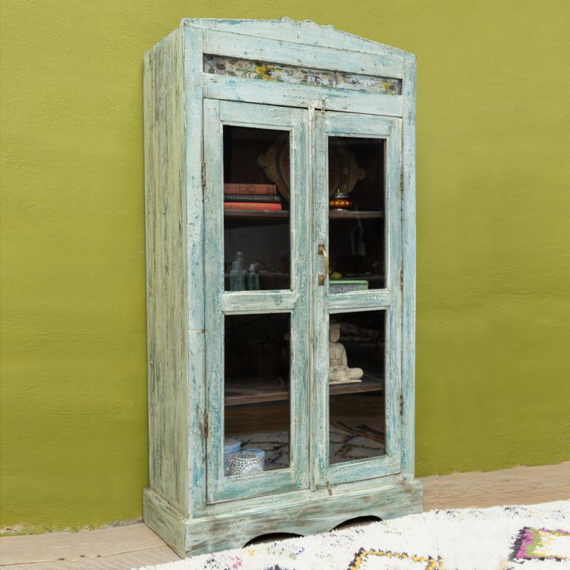 Green vintage wood & glass 2 door, 3 shelf cabinet with hand painted strip