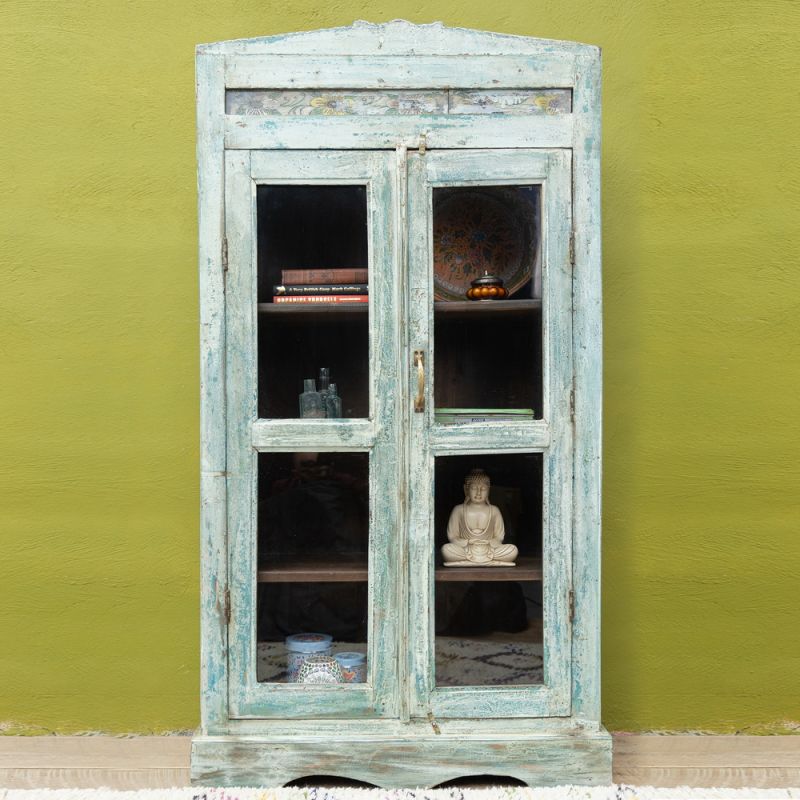 Green vintage wood & glass 2 door, 3 shelf cabinet with hand painted strip