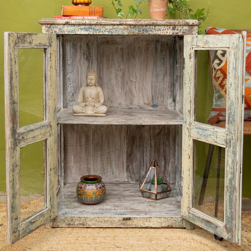 Distressed wood & glass 2 door, 1 shelf vintage cabinet