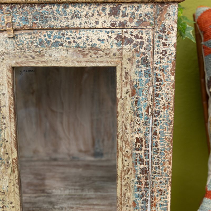 Distressed wood & glass 2 door, 1 shelf vintage cabinet