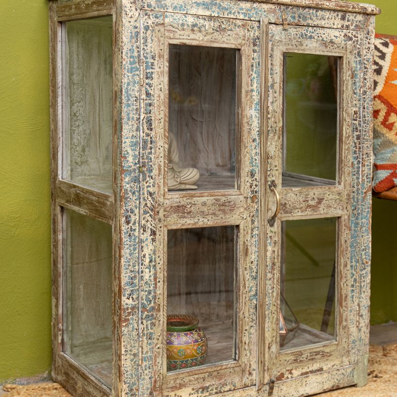 Distressed wood & glass 2 door, 1 shelf vintage cabinet