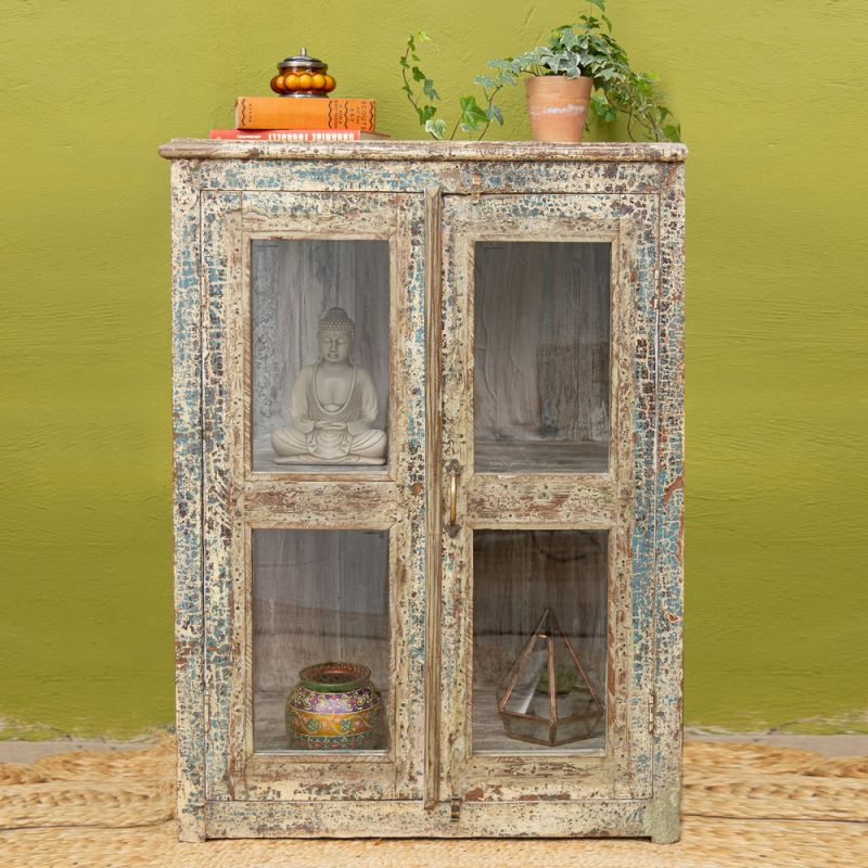 Distressed wood & glass 2 door, 1 shelf vintage cabinet