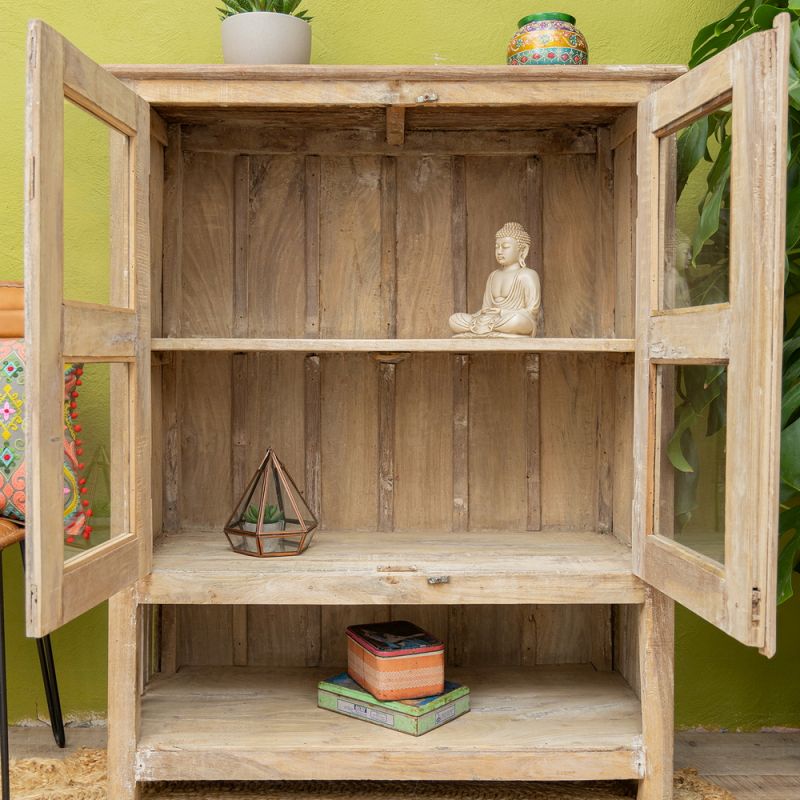 Vintage wood 2 glass door and open shelf cabinet