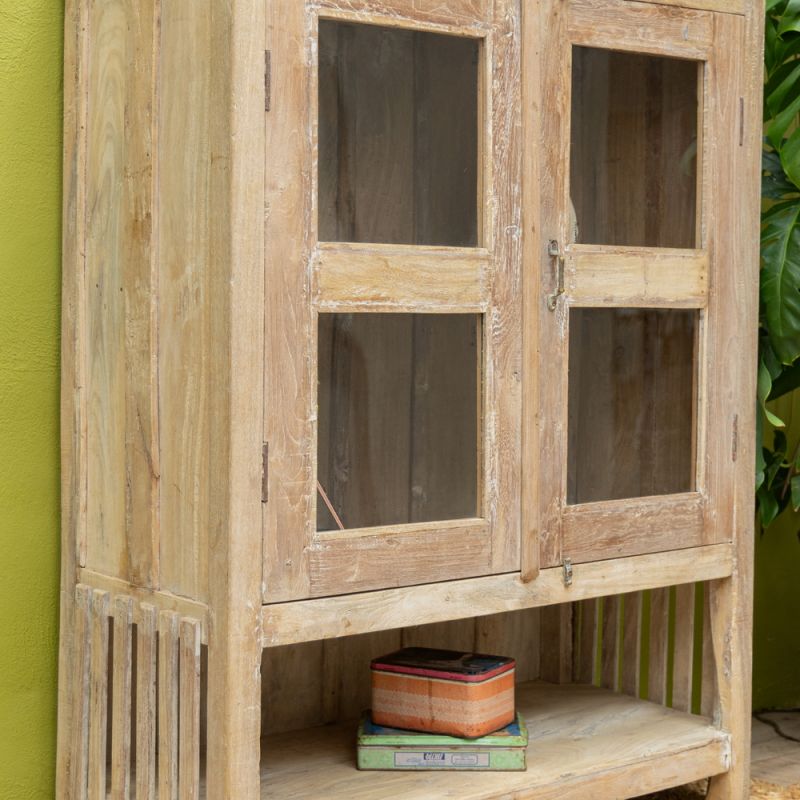 Vintage wood 2 glass door and open shelf cabinet