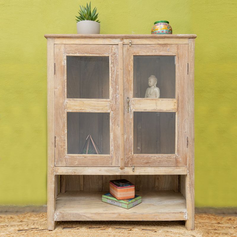 Vintage wood 2 glass door and open shelf cabinet