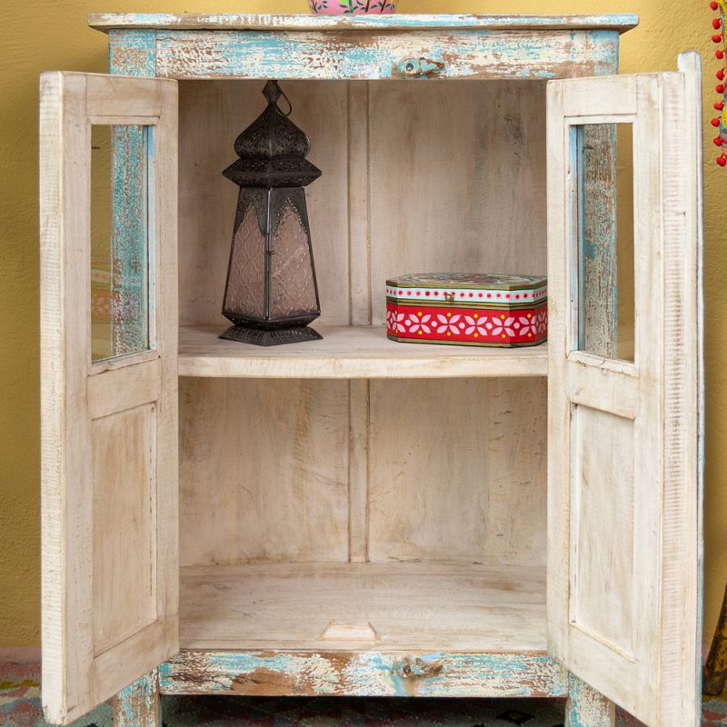 Blue & cream vintage style 2 door, one shelf cabinet